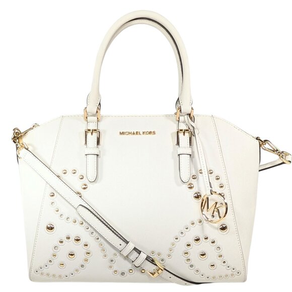 Michael Kors Ciara White Studded Saffiano Leather Convertible Satchel Crossbody - Picture 1 of 10